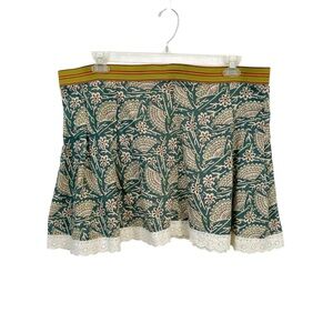 Free People Boho Teal Floral Print Lace Hem Cotton Skirt Size 12 (Fits 14/16)